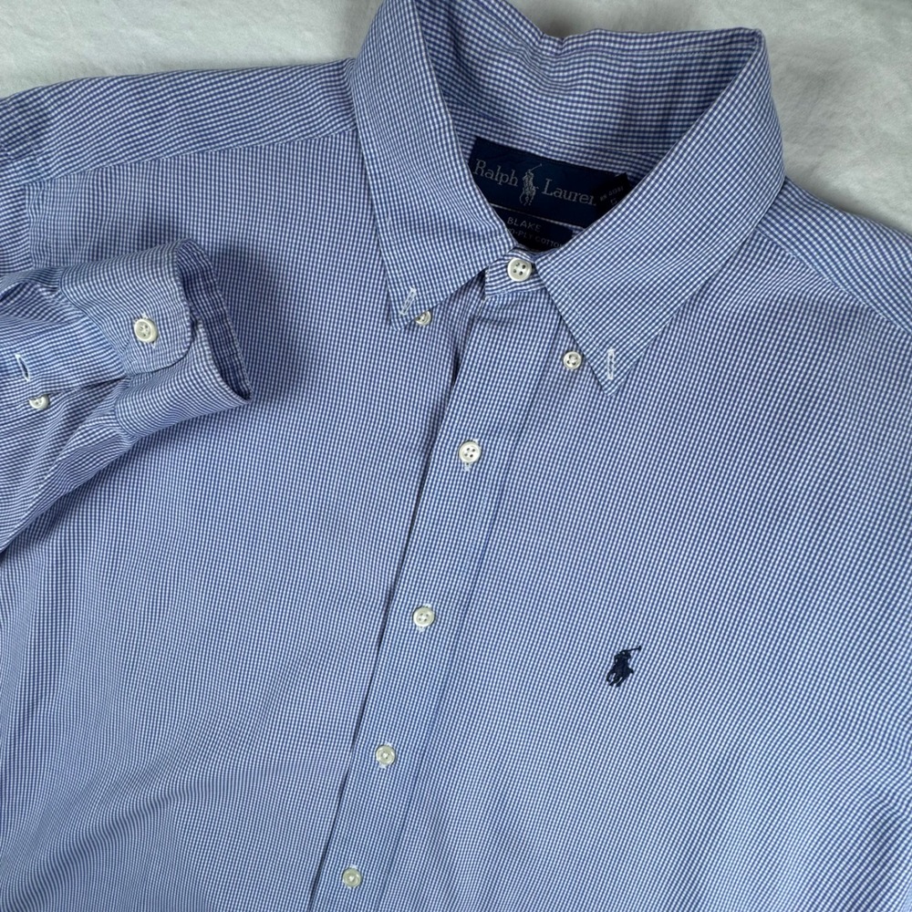 Ralph Lauren Button Down Shirt Mens M Blue Gingham Blake Two-Ply Cotton